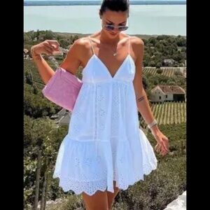 Zara White Eyelet Sundress size small tiered dress adjustable strap length